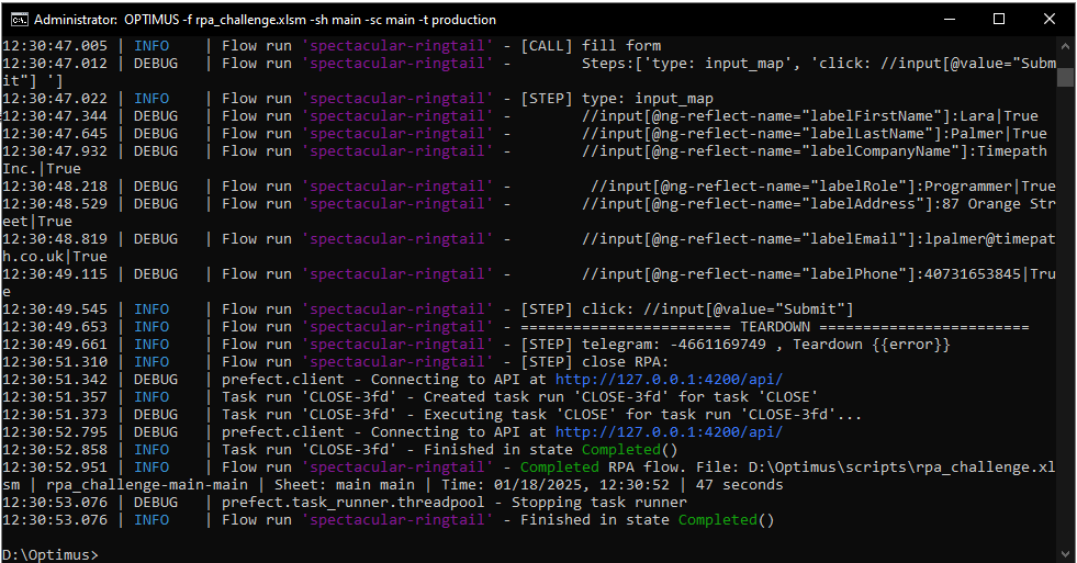 Script run log with DEBUG info